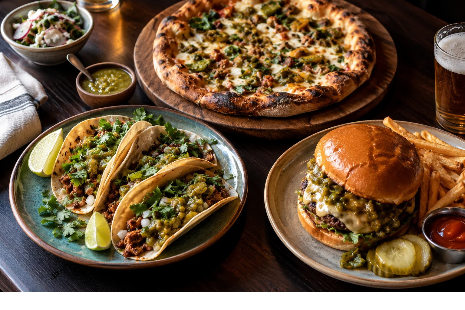 Tacos, a green chile cheeseburger, and artisan pizza